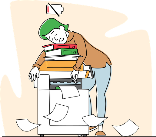 Hard Work Tired Business Woman with Low Battery Level Sleep on Printer  イラスト
