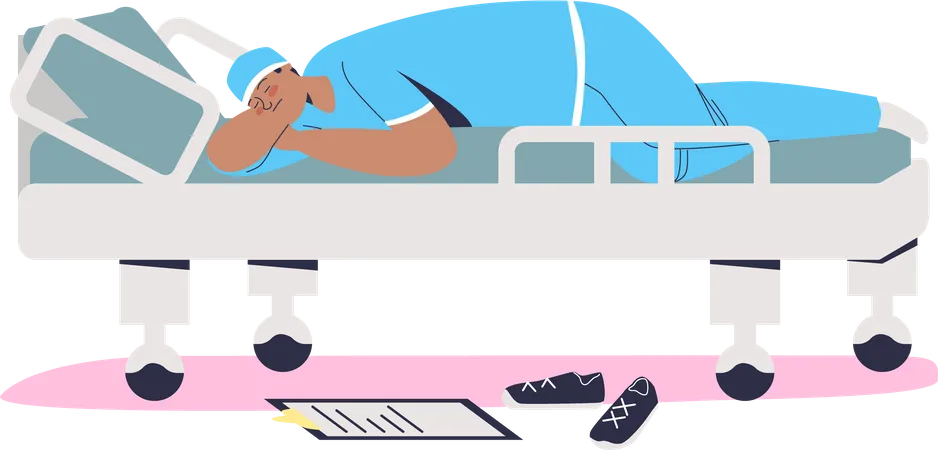 Tired Doctor Sleeping On Gurney After Hard Working Day In Clinic Or Emergency Hospital Exhausted And Overworked Medical Worker Cartoon Flat Vector Illustration 일러스트레이션