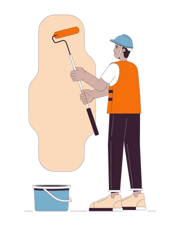 Hardhat Contractor Painting Wall Line Cartoon Flat Illustration Latino Painter Holding Paint Roller 2 D Lineart Character Isolated On White Background Building Renovation Scene Vector Color Image Illustration