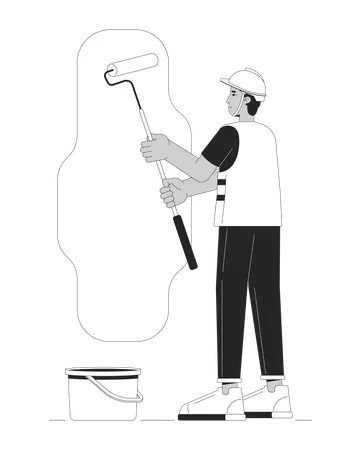 Hardhat Contractor Painting Wall Black And White Cartoon Flat Illustration Latino Painter Holding Paint Roller 2 D Lineart Character Isolated Building Renovation Monochrome Scene Vector Outline Image Illustration
