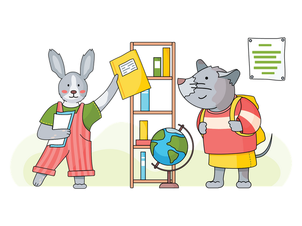 Hare holding book and mouse wearing schoolbag  Illustration