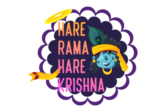 Texto Hare Rama Hare Krishna com rosto do senhor Krishna Janmashtami Festival Slogan  Ilustração