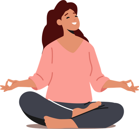 Harmonia, Yoga Meditação no Conceito Hall. Mulher meditando em posição de lótus. Personagem feminina pacífica desfrutando de relaxamento  Ilustração