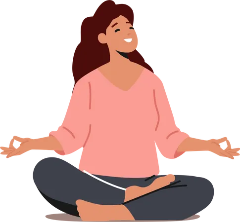 Harmonie, Yoga-Meditation im Hallenkonzept. Frau meditiert in Lotushaltung. Friedliche weibliche Figur genießt Entspannung  Illustration