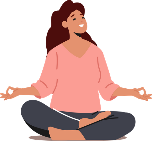 Harmony, Yoga Meditation in Hall Concept. Woman Meditating in Lotus Pose. Peaceful Female Character Enjoying Relaxation Illustration