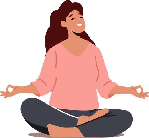 Harmony, Yoga Meditation in Hall Concept. Woman Meditating in Lotus Pose. Peaceful Female Character Enjoying Relaxation  Illustration