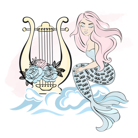 HARP MERMAID Underwater Princess  Illustration