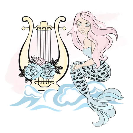 HARP MERMAID Winter Underwater Musical Princess Cartoon Merry Christmas And New Year Vector Illustration Set For Print Fabric And Decoration Illustration