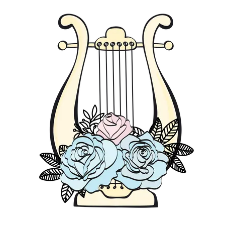 HARP Musical Floral Cartoon Wedding Vector Illustration Set For Print Fabric And Decoration Illustration