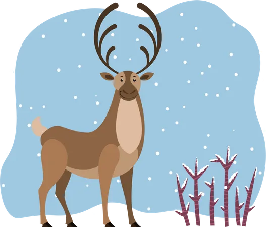 Big North Deer Stand On Snowdrift In Wood Northern Reindeer With Large Antlers Cartoon Polar Character With Brown Fur Coat Snowy Forest With Shrubs Vector Illustration Of Wild Animal In Flat Style 일러스트레이션