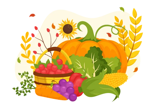 Happy Harvest Festival Vector Illustration Of Autumn Season Background With Pumpkins Maple Leaves Fruits Or Vegetables In Flat Cartoon Templates Illustration