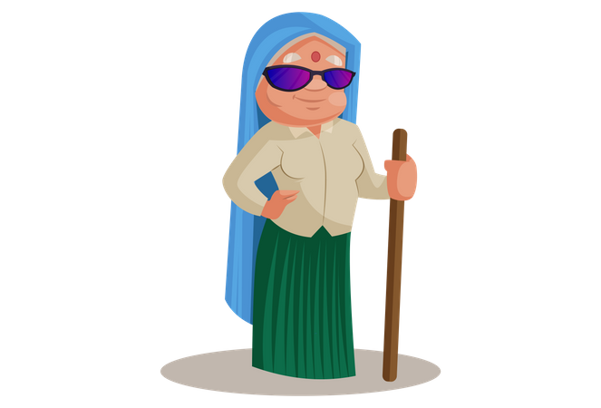 Haryanvi-Frau steht mit Sonnenbrille und Holzstab  Illustration