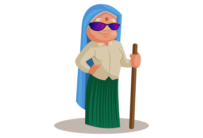 Mulher Haryanvi usando óculos de sol e bastão de madeira  Ilustração