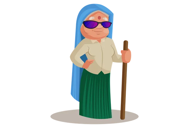 Mulher Haryanvi usando óculos de sol e bastão de madeira  Ilustração