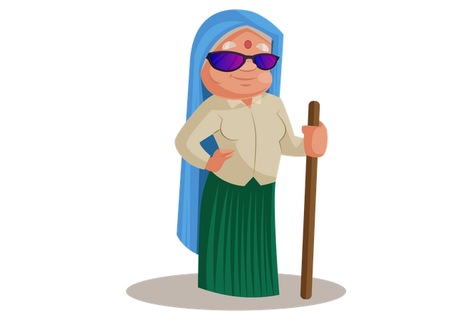 Haryanvi Woman stand wearing sun glasses and wood stick  Illustration