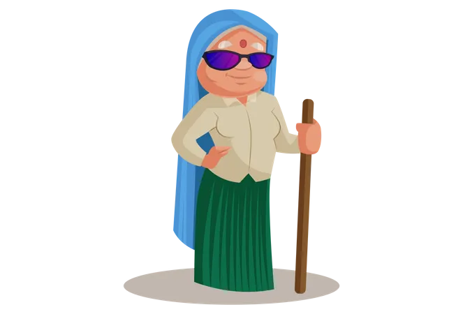 Haryanvi Woman stand wearing sun glasses and wood stick  Illustration