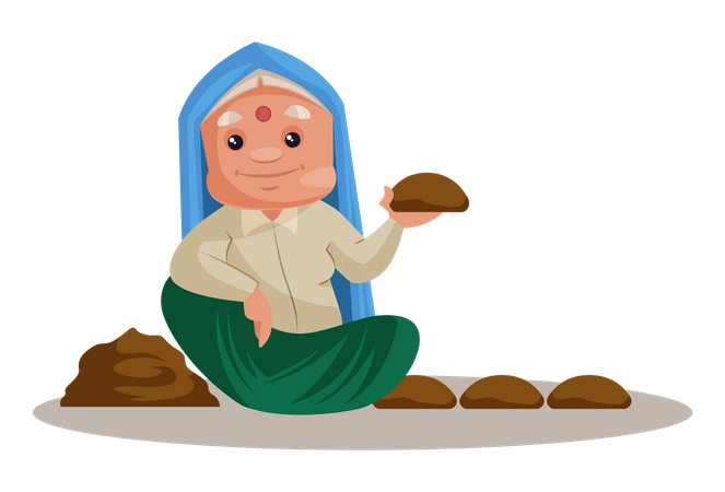Haryanvi Woman working with Cow dung Illustration
