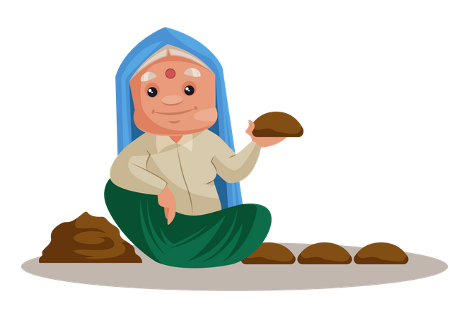 Haryanvi Woman working with Cow dung  Illustration