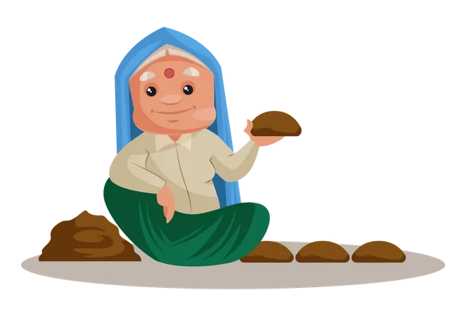 Haryanvi Woman working with Cow dung  Illustration