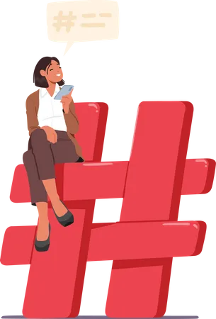 Tiny Woman With Smartphone Sitting On Huge Red Hashtag Sign Symbolizing The Impact Of Social Media And The Vast Digital World Female Character Share Content Cartoon People Vector Illustration Illustration