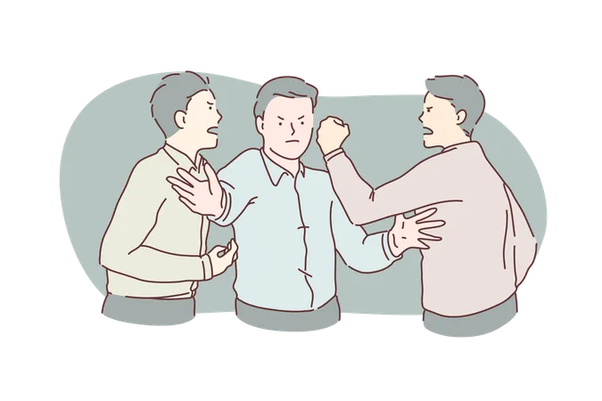 Quarrel Fight Showdown Hatred Conflict Concept Young Angry People Man Businessman Swear Because Of Competition Disgruntled Clerks Are Furious Leader Stops Conflict In Office Flat Simple Vector Illustration