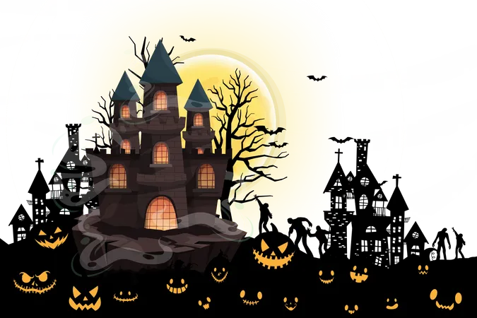 Happy Halloween Trick Or Treat Poster For Invitation Illustration Halloween Night Poster Castle Fog Undead Bat Die Tree Moon Cloud Zombie For Designer Create Banner Or Web Page Illustration