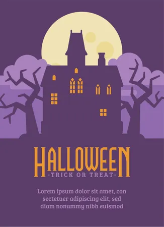 Abandoned Haunted Mansion Flat Illustration Creepy Halloween House Silhouette Greeting Card Illustration