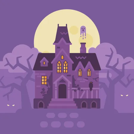 Abandoned Haunted Mansion Flat Illustration Creepy Halloween House Silhouette Illustration