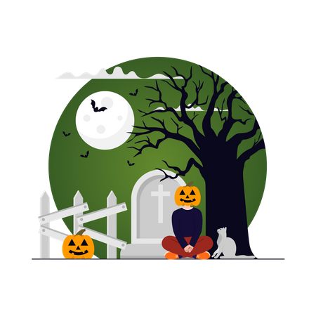 Haunted pumpkin face man in graveyard Illustration
