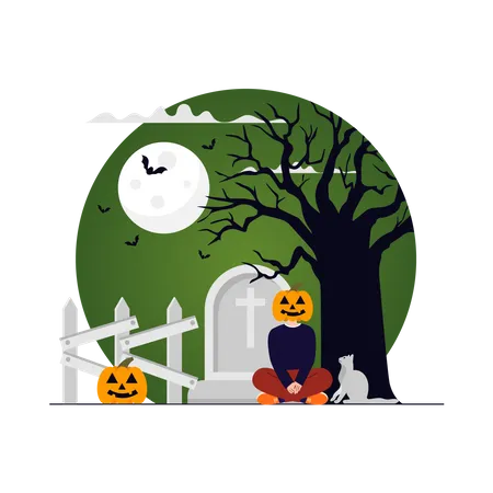 Haunted pumpkin face man in graveyard Illustration
