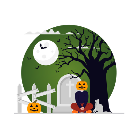 Haunted pumpkin face man in graveyard  Illustration