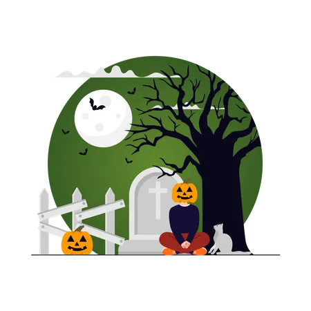 Haunted pumpkin face man in graveyard  Illustration