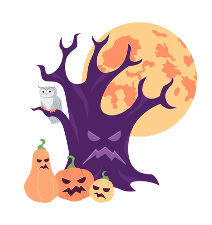 Haunted tree with scary pumpkins and full moon  イラスト