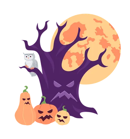 Haunted tree with scary pumpkins and full moon  Illustration