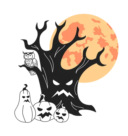 Halloween Tree With Scary Pumpkins Full Moon Monochrome Concept Vector Spot Illustration Spooky Forest 2 D Flat Bw Cartoon Composition For Web UI Design Isolated Editable Hand Drawn Hero Image Illustration