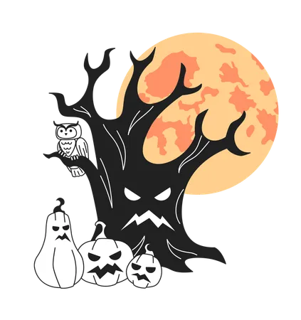 Haunted tree with scary pumpkins and full moon  Illustration