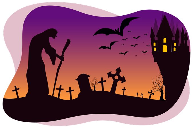 Haunted witch walking in graveyard  Illustration