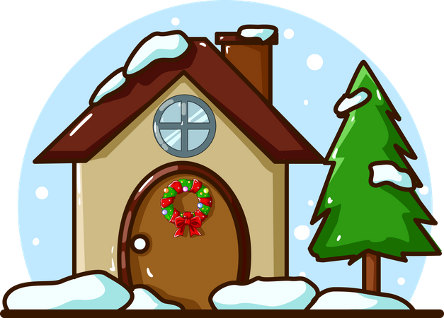 Haus mit Fichte am Weihnachtsabend  Illustration