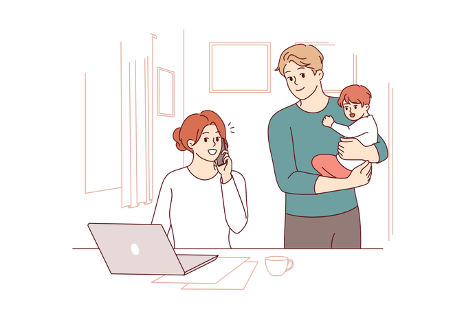 Hausfrau mit Kind steht neben Geschäftsfrau, telefoniert und benutzt Computer  Illustration