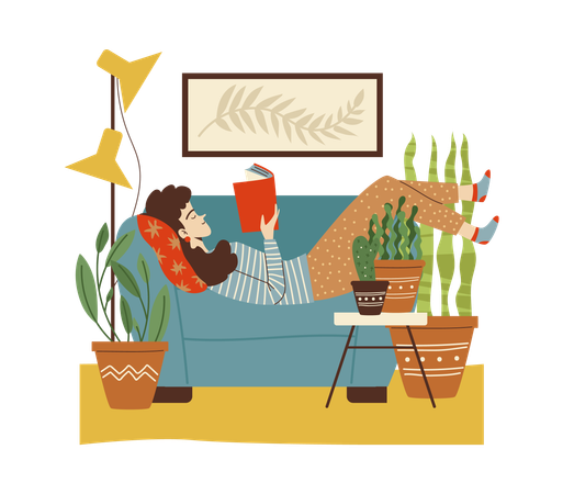 Hausgarten oder Großstadtdschungel mit Frau liest Buch  Illustration