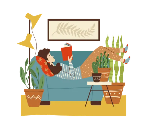 Hausgarten oder Großstadtdschungel mit Frau liest Buch  Illustration