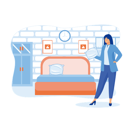 Haushälterin in Uniform macht Bett im Zimmer  Illustration