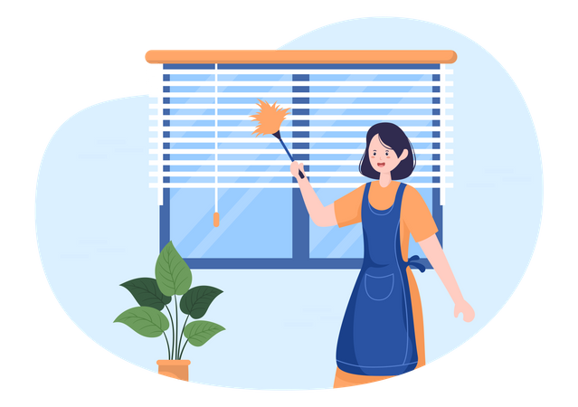 Haushälterin putzt Vorhänge  Illustration