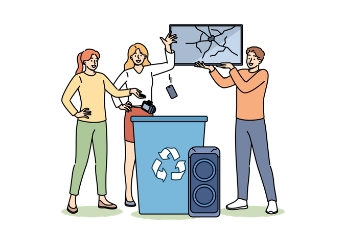 Haushaltsgeräte zum Recycling, demonstriert von Menschen, die Geräte in den Mülleimer werfen  Illustration
