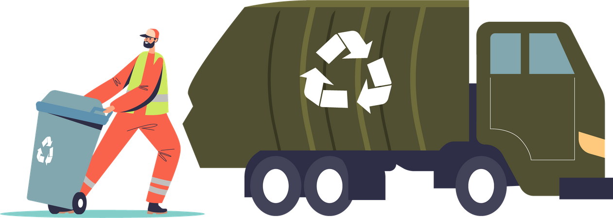 Hausmeister belädt Recyclingcontainer mit Abfall zur Mülltrennung  Illustration