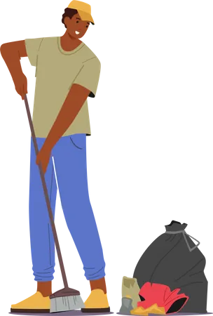 Hausmeister Mann mit Besen fegt Rasen von Müll und Abfall  Illustration