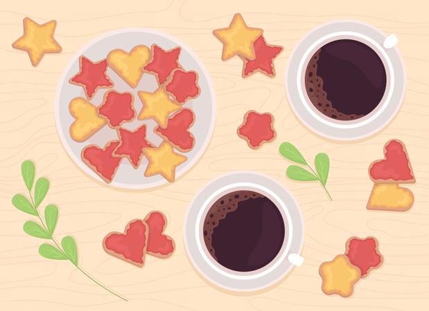 Having coffee and cookies on valentines Illustration