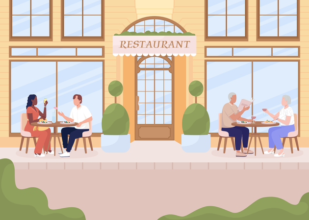 Having cozy dinner on restaurant terrace  Illustration