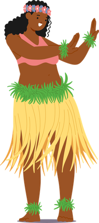 Hawaiian Female Dancer With Floral Headband And Green Grass Skirt Performing The Traditional Hula Dance  Illustration