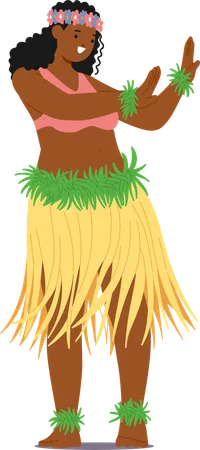 Hawaiian Female Dancer With Floral Headband And Green Grass Skirt Performing The Traditional Hula Dance  Illustration